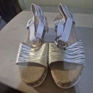 Women's White Metallic Zebra Print Wedge Sandals.   Box 38